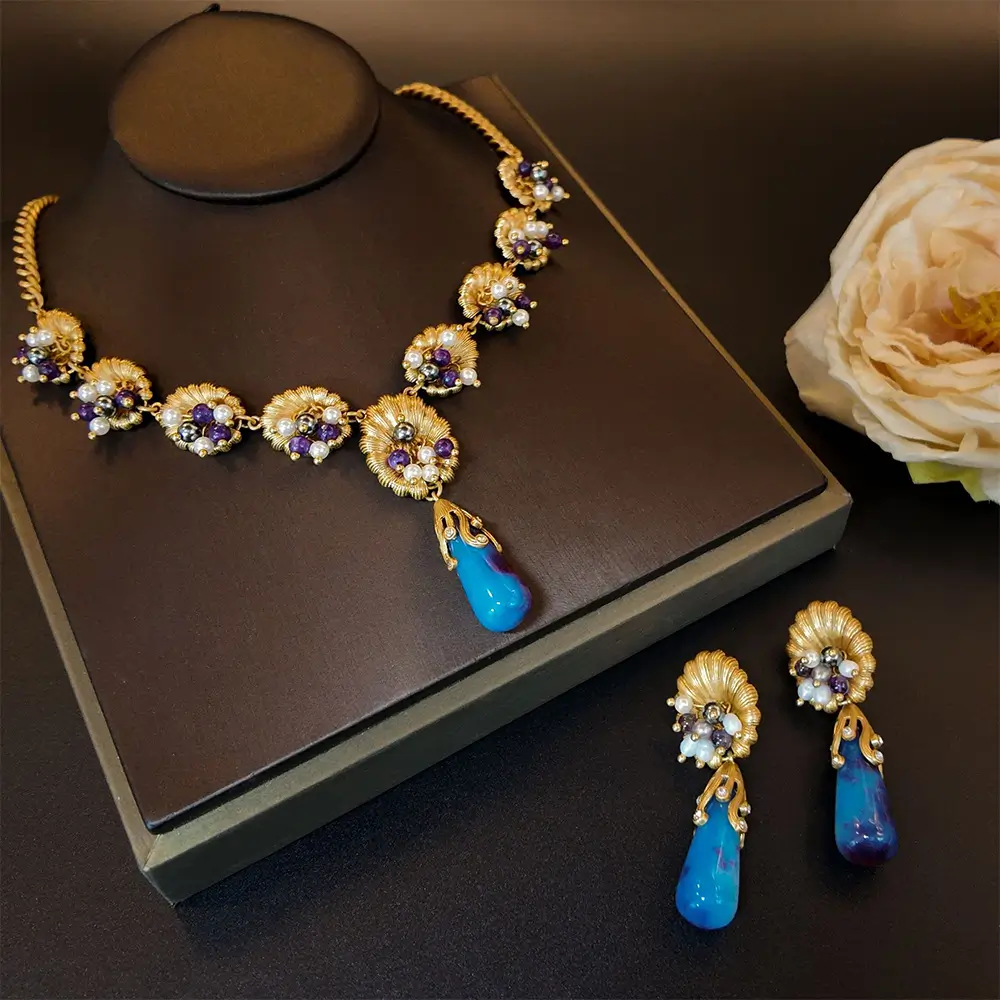 Vintage Floral Relief Necklace & Earrings Set--KissLila