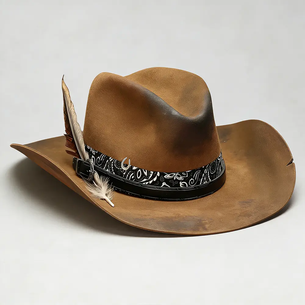 Wool Cowboy Hat with Decorative Band & Feather | Brown Western Style Hat--KissLila
