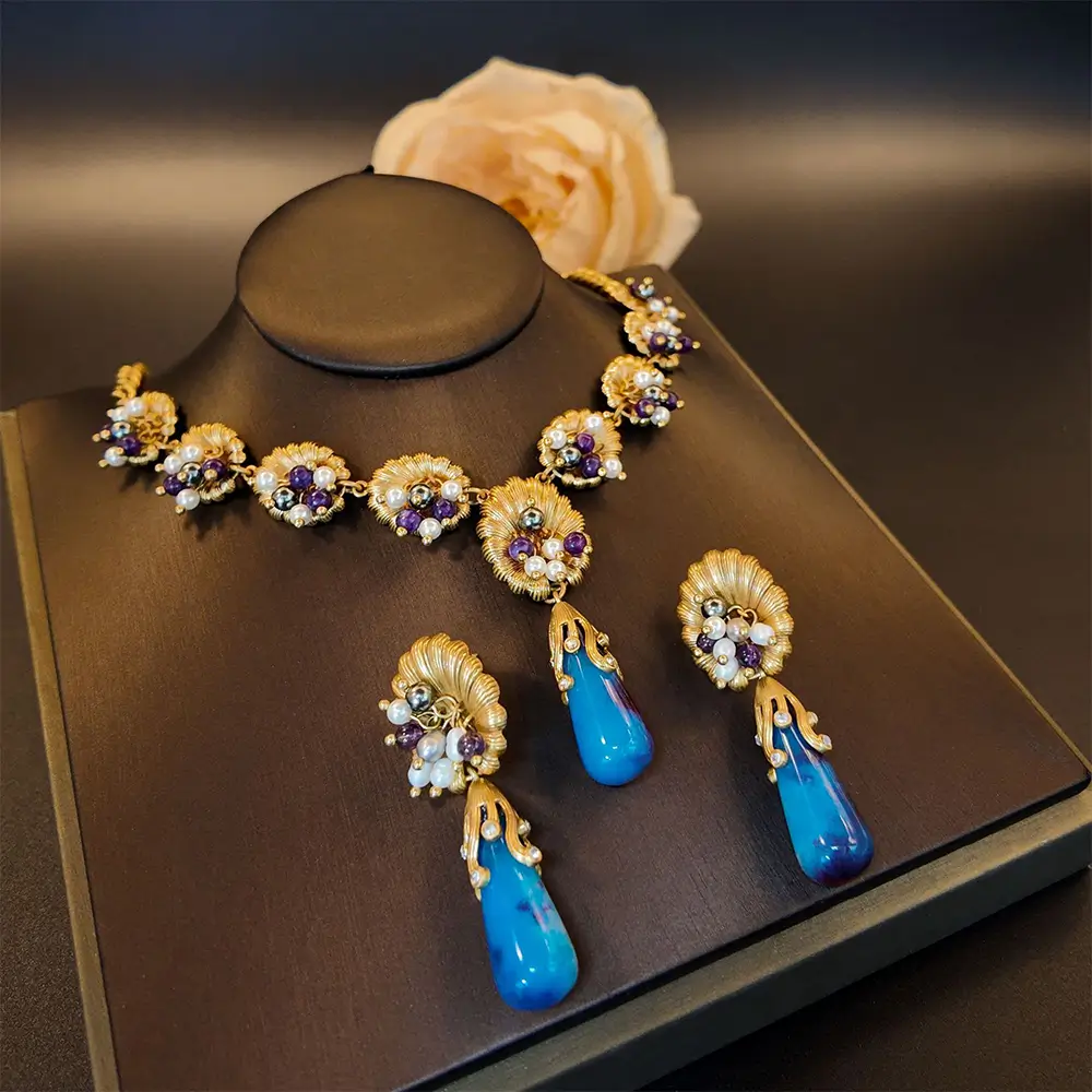 Vintage Floral Relief Necklace & Earrings Set--KissLila