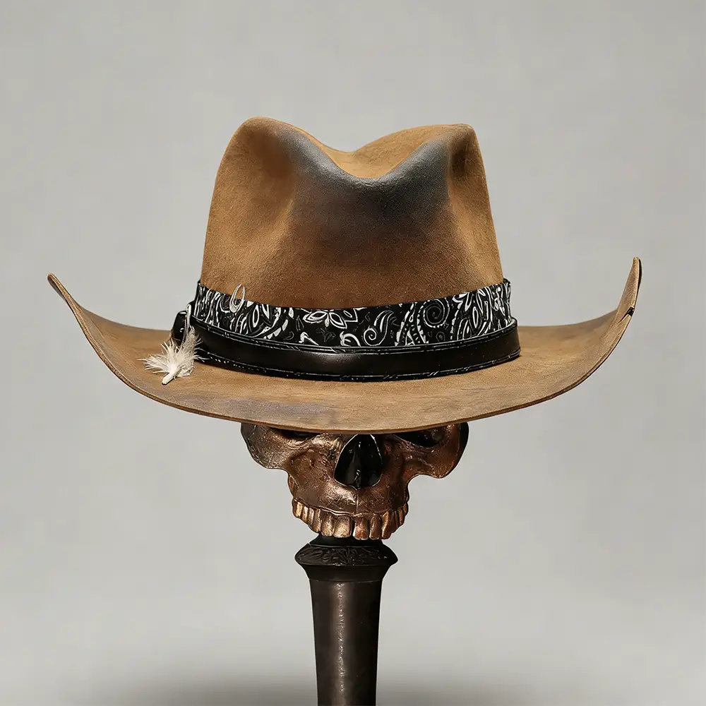 Wool Cowboy Hat with Decorative Band & Feather | Brown Western Style Hat--KissLila