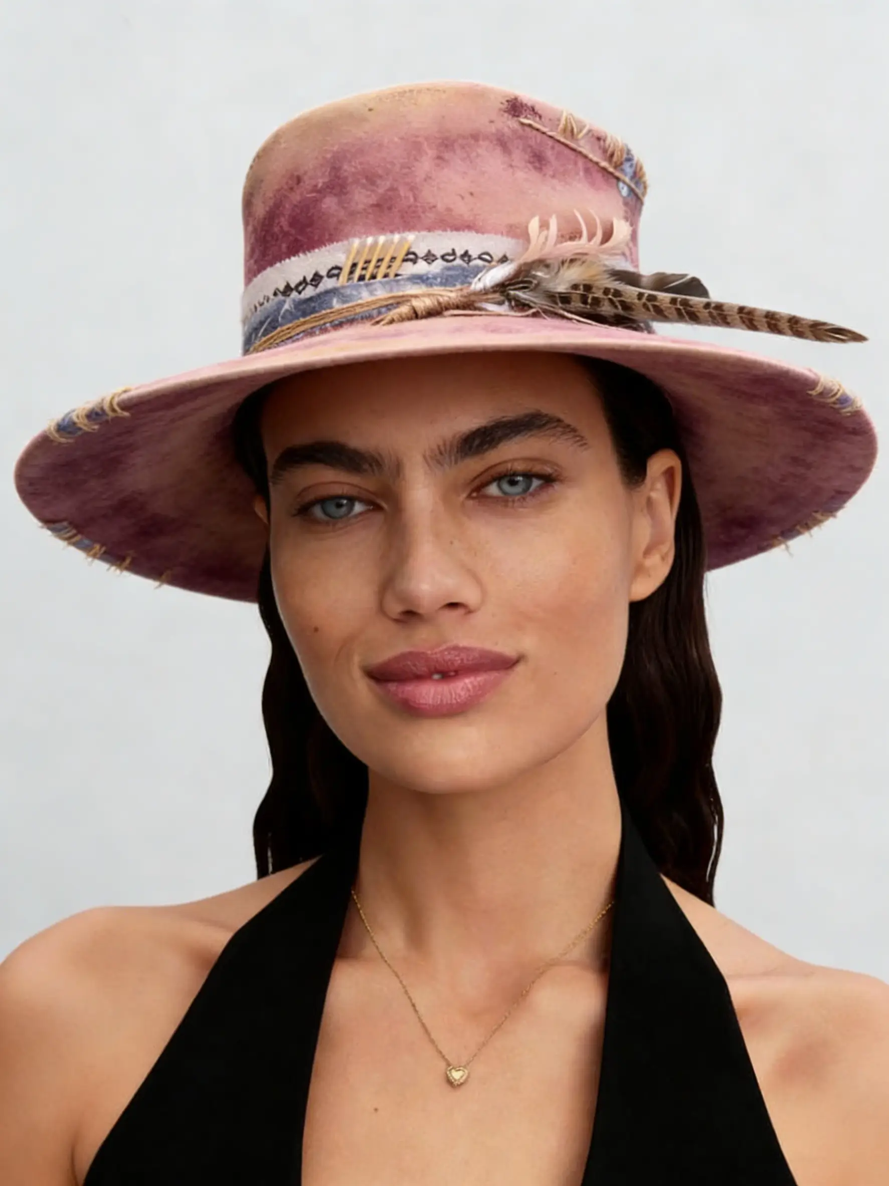 Pink Wool Boho Hat with Decorative Band & Feather