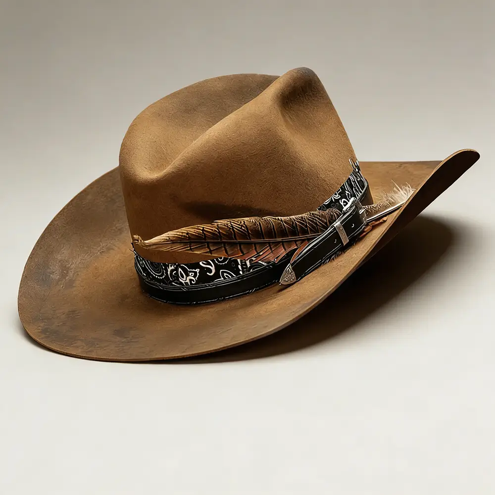 Wool Cowboy Hat with Decorative Band & Feather | Brown Western Style Hat--KissLila