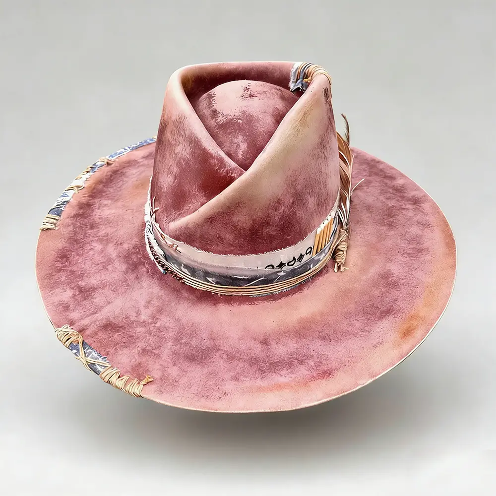 Pink Wool Boho Hat with Decorative Band & Feather