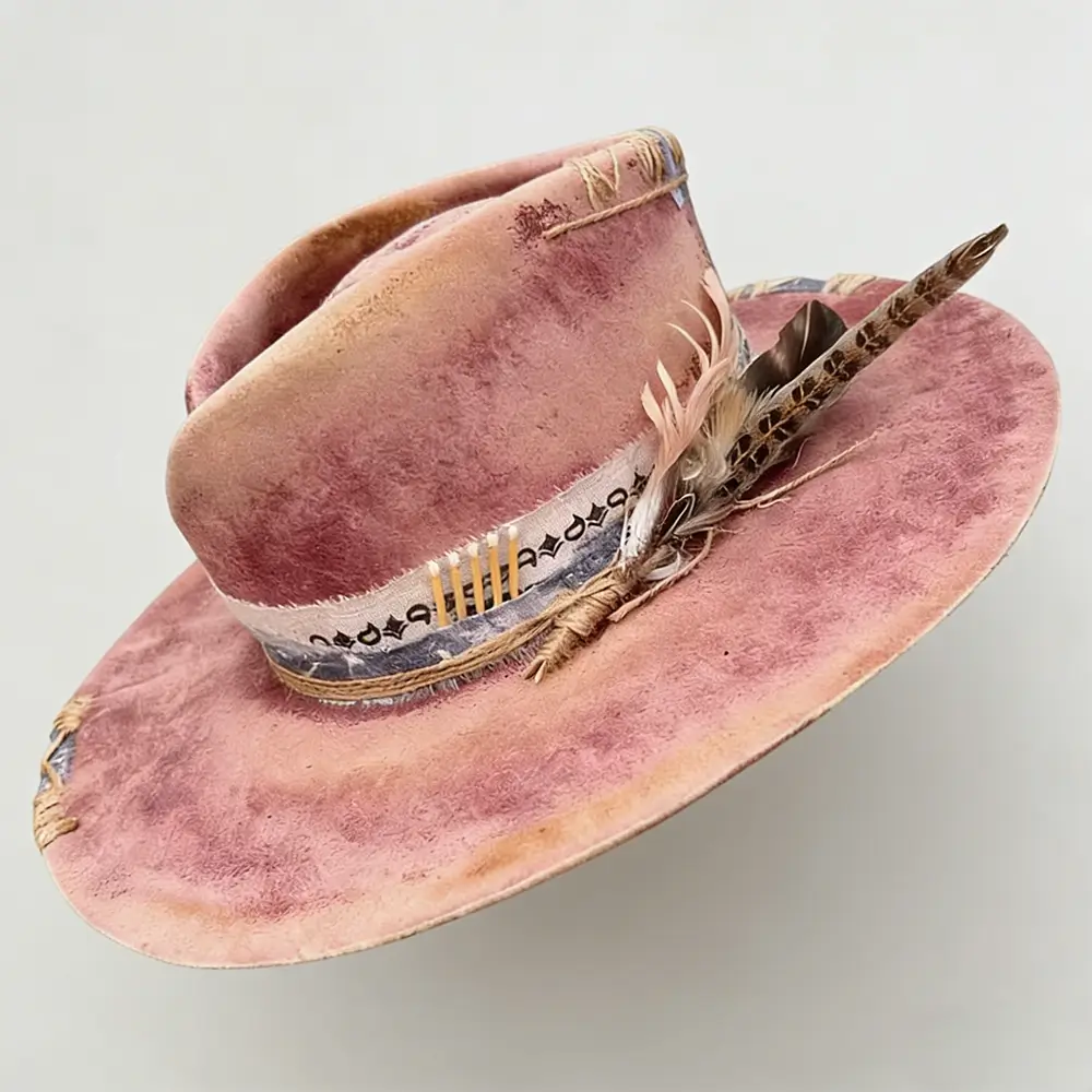Pink Wool Boho Hat with Decorative Band & Feather