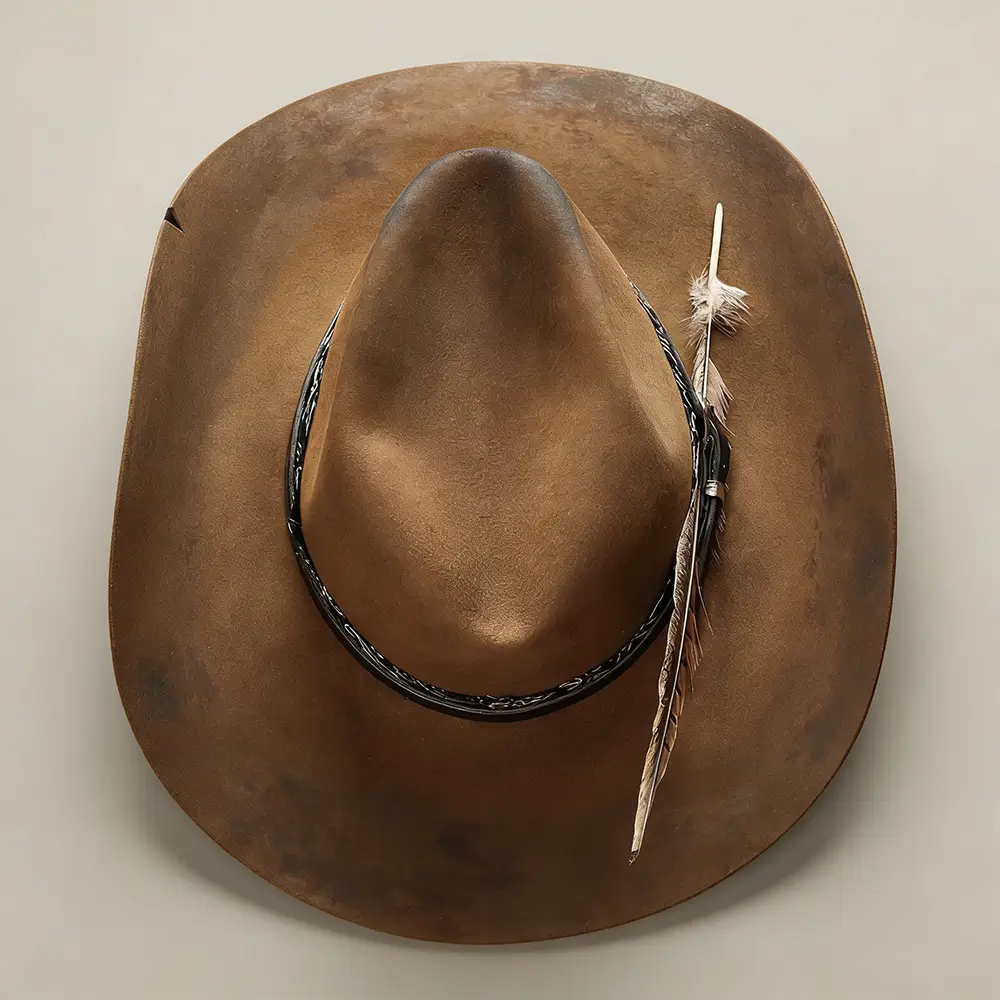 Wool Cowboy Hat with Decorative Band & Feather | Brown Western Style Hat--KissLila