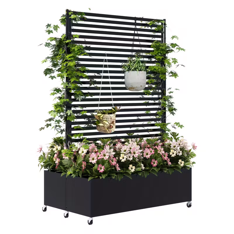 [Planter Box With Trellis] Metal Planter Box With Trellis Privacy Screen, 73"x 47"x 30" Double Planter Box, Raised Garden Bed With Trellis & Wheels, Planter Box Outdoor With Drainage Holes For Climbing Plants, Vegetable, Vines 