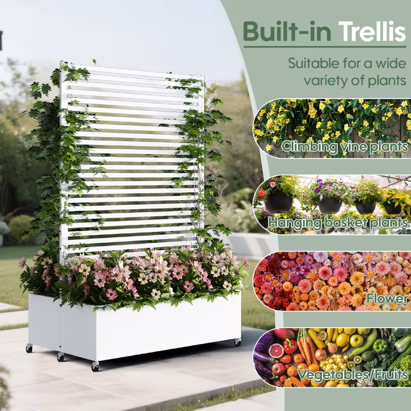 [Planter Box With Trellis] Metal Planter Box With Trellis Privacy Screen, 73"x 47"x 30" Double Planter Box, Raised Garden Bed With Trellis & Wheels, Planter Box Outdoor With Drainage Holes For Climbing Plants, Vegetable, Vines 
