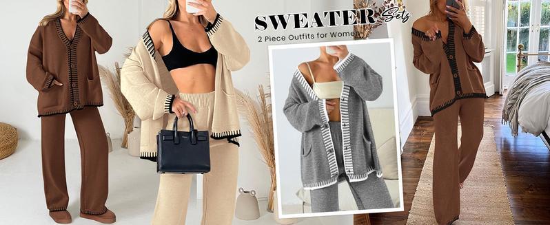 n Women's 2 Piece Set Winter Knit Outfits Matching Loungewear Long Sleeve V Neck Cardigan Sweaters Wide Leg Pants Tracksuits
