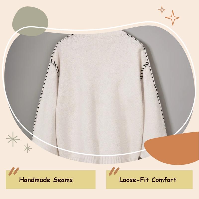 Women's Contrast Binding Drop Shoulder Sweater, Casual Long Sleeve Round Neck Jumper for Fall & Winter, Fashion Ladies' Knitwear for Daily Wear