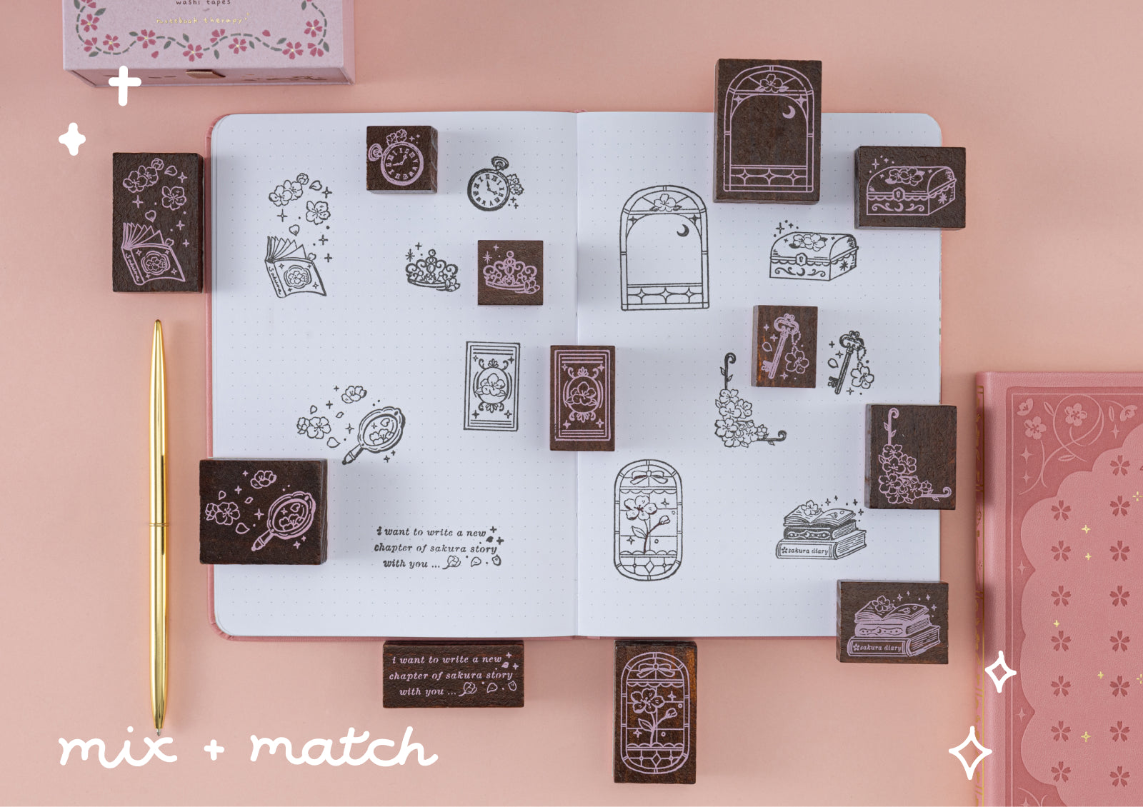 A creative journal spread showcasing a mix of stamp designs, stickers, and hand-applied decorations.