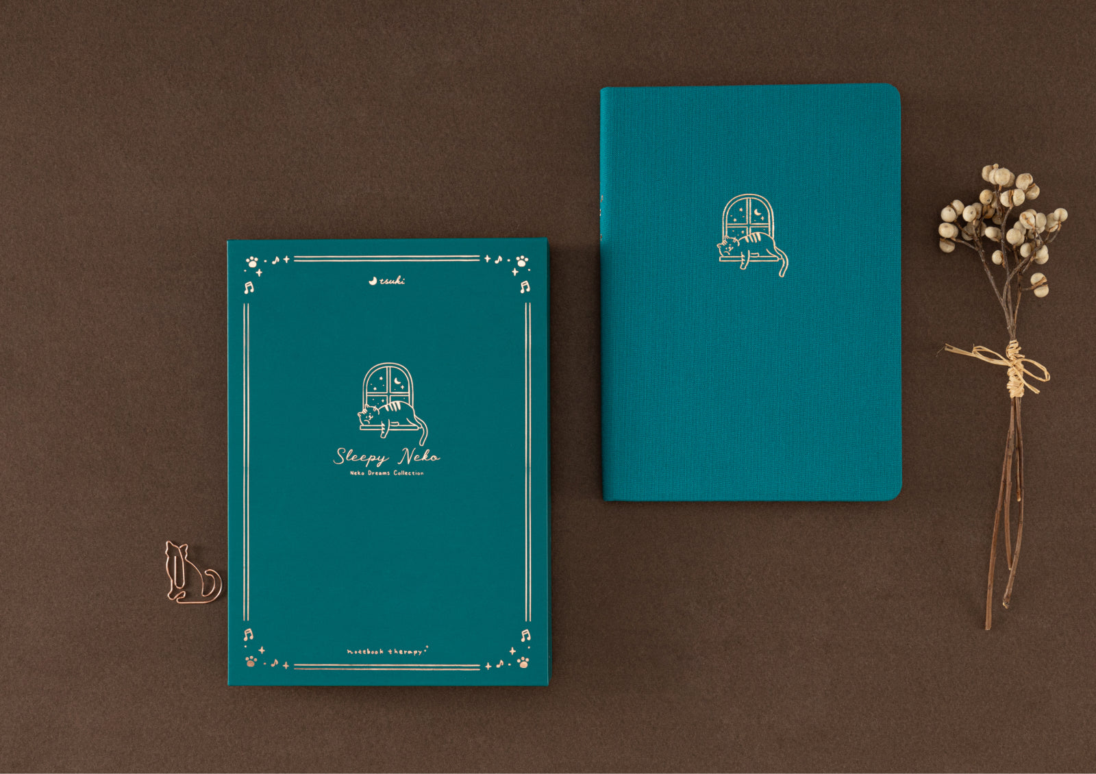 Tsuki Neko Dreams Sleepy Neko Notebook with matching gift box, featuring gold-foiled cat sleeping by the window design.