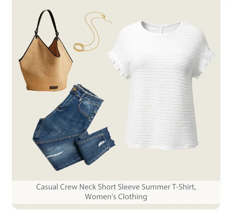 Product Introduction of SHEWIN 2025 Summer Outfit Womens Short Sleeve Tops Round Neck Ruffle Casual Summer Textured Work T Shirts Tee Blouse 4