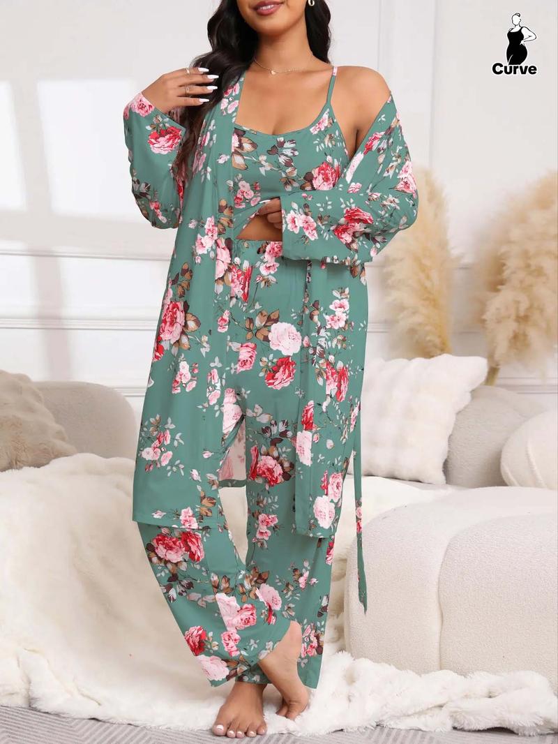 [Plus Size] Three-Piece Set Floral Print Belted Lounge Robe & Cami Top & Elastic Waist Pants Pyjama Set, Elegant Comfy Drop Shoulder Long Sleeve Robe & Sleeveless Top & Bow Decor Trousers PJ Set, Women's Sleepwear for Spring & Fall