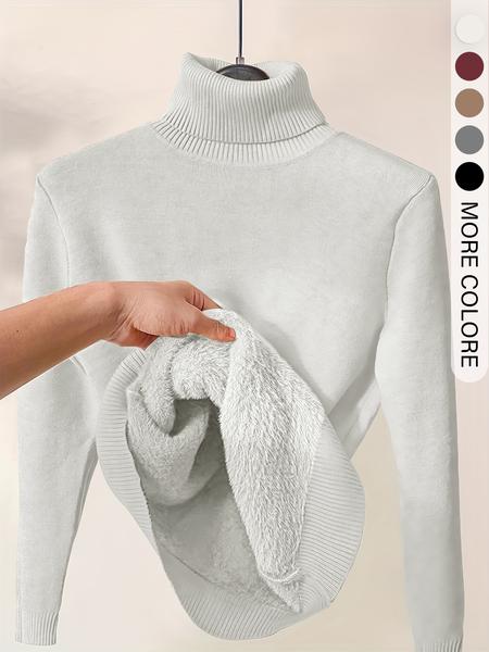 Women's Solid Thermal Lined Drop Shoulder High Neck Sweater, Casual Solid Long Sleeve Jumper For Daily Outdoor Wear, Women Knit Top for Fall & Winter