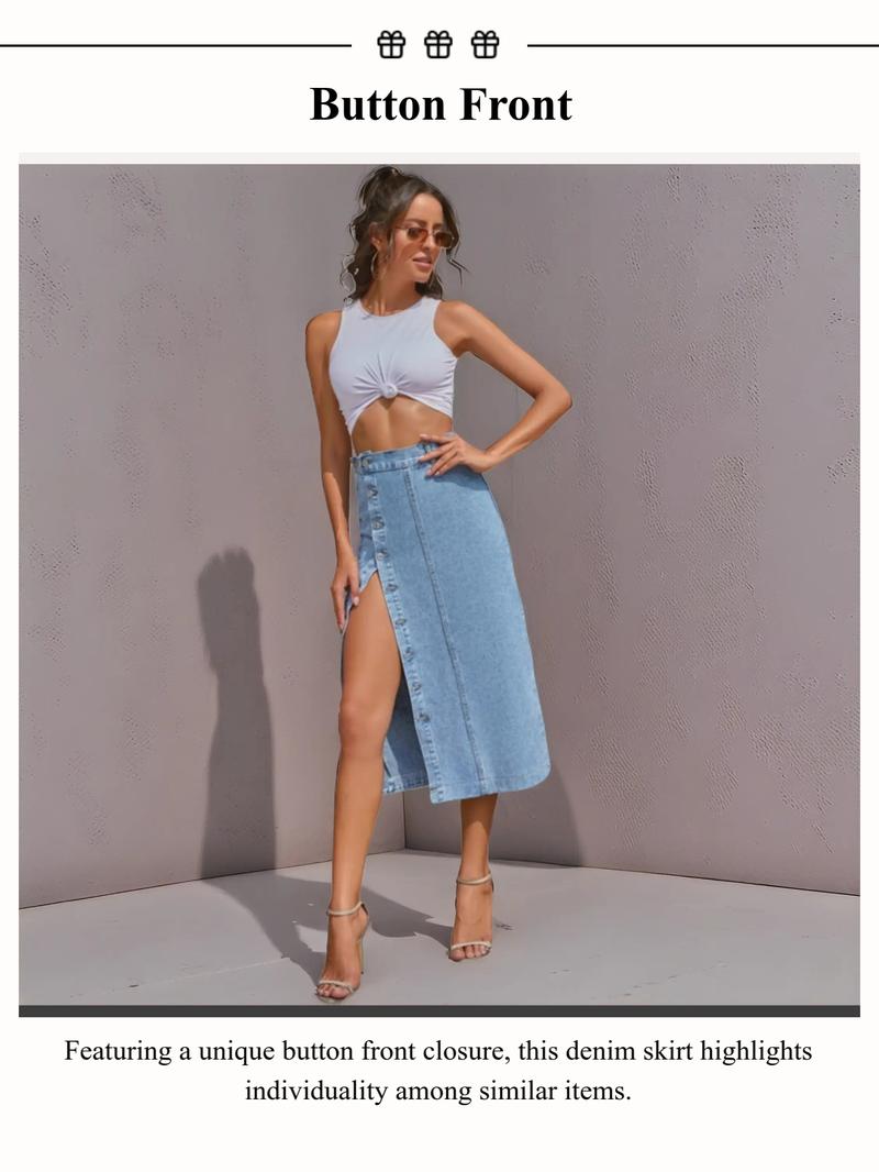 Women's Button Front Denim Skirt, Casual Fashion Skirt for Daily Wear, Ladies Bottoms for All Seasons