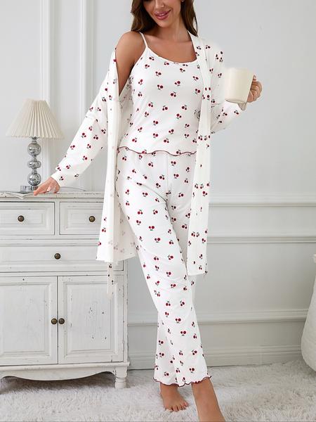 Cherry Print Women's Nightgown Set + Strap Pants, Comfortable Casual Home Wear, All-Season Fitted Sleepwear, Moderate Fabric