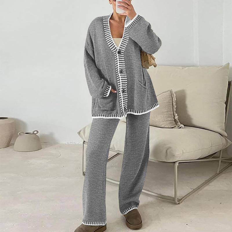 n Women's 2 Piece Set Winter Knit Outfits Matching Loungewear Long Sleeve V Neck Cardigan Sweaters Wide Leg Pants Tracksuits