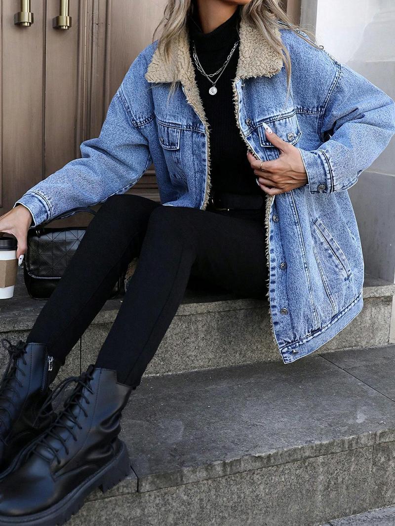 Women's Fall Winter Casual Fashion Jacket, Elegant Solid Color Stand Collar Thickened Warm Denim Coat, Versatile Outerwear for Women