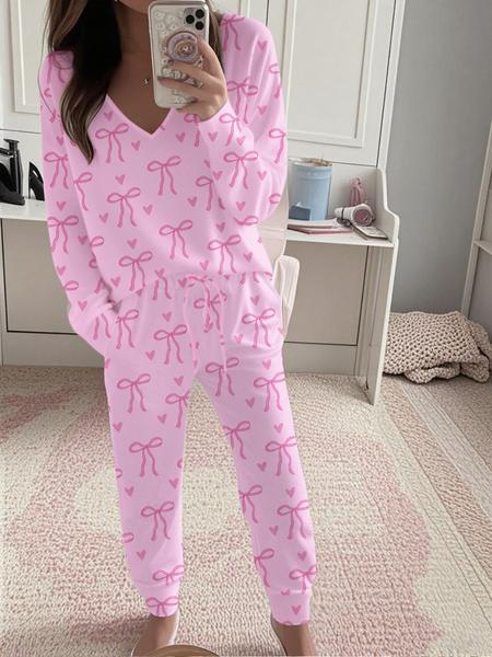 Women's Bow Print Casual Set, Long Sleeve V Neck Top & Tie Waist Pants, Spring & Fall Home Wear, Ladies Loungewear Sleepwear
