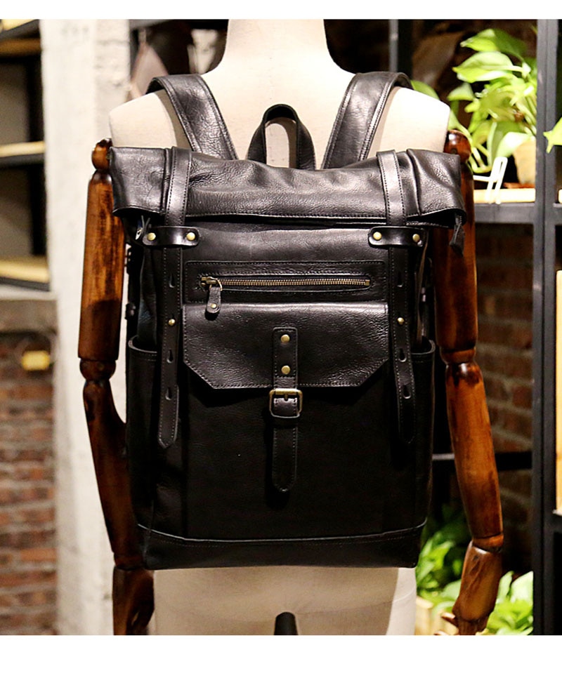 Model Show of Woosir Leather Roll Top Backpack with Pockets