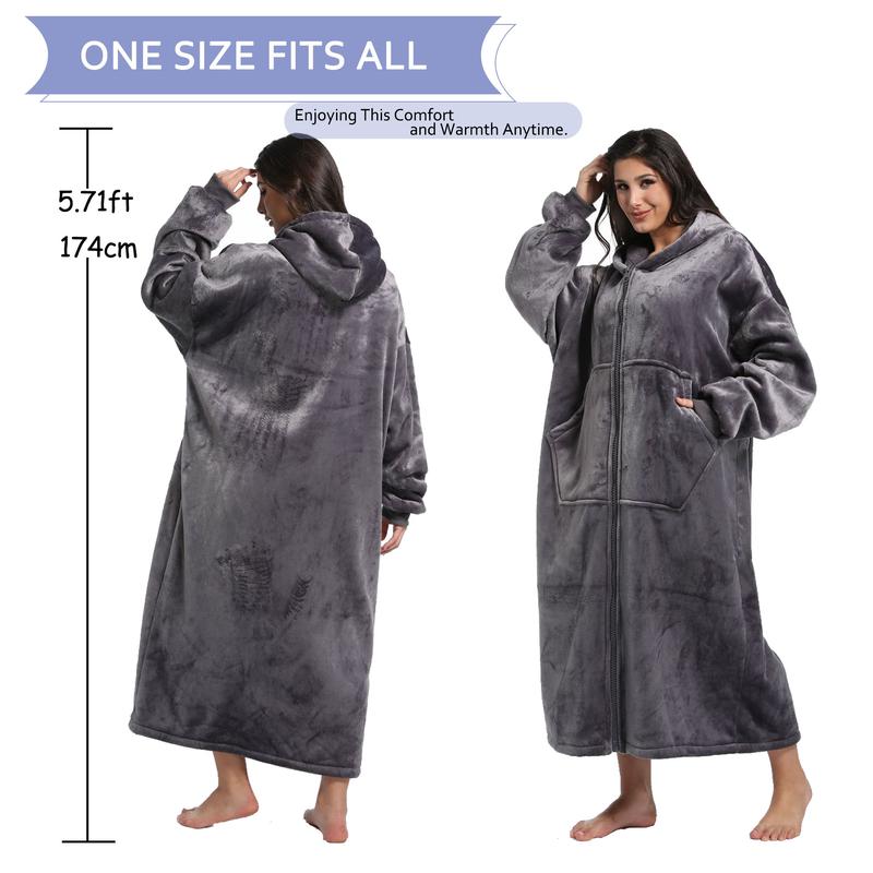 REDESS Flannel Sherpa Lined Pajamas Unisex Long Hooded Robe Zipper Front With Pockets Thick Warm for Fall Winter Nightwear Womenswear Loungewear Gowns Homewear