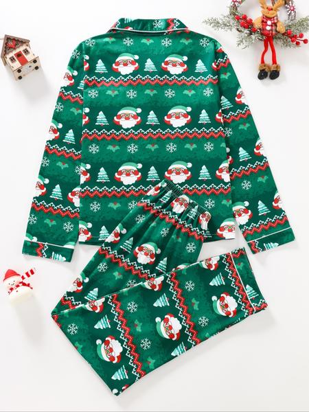 Women's Christmas Pajama Set, Santa Claus Print Long Sleeve Sleepwear, Lightweight Button-Up Top & Pants, Casual Fitted Nightgown