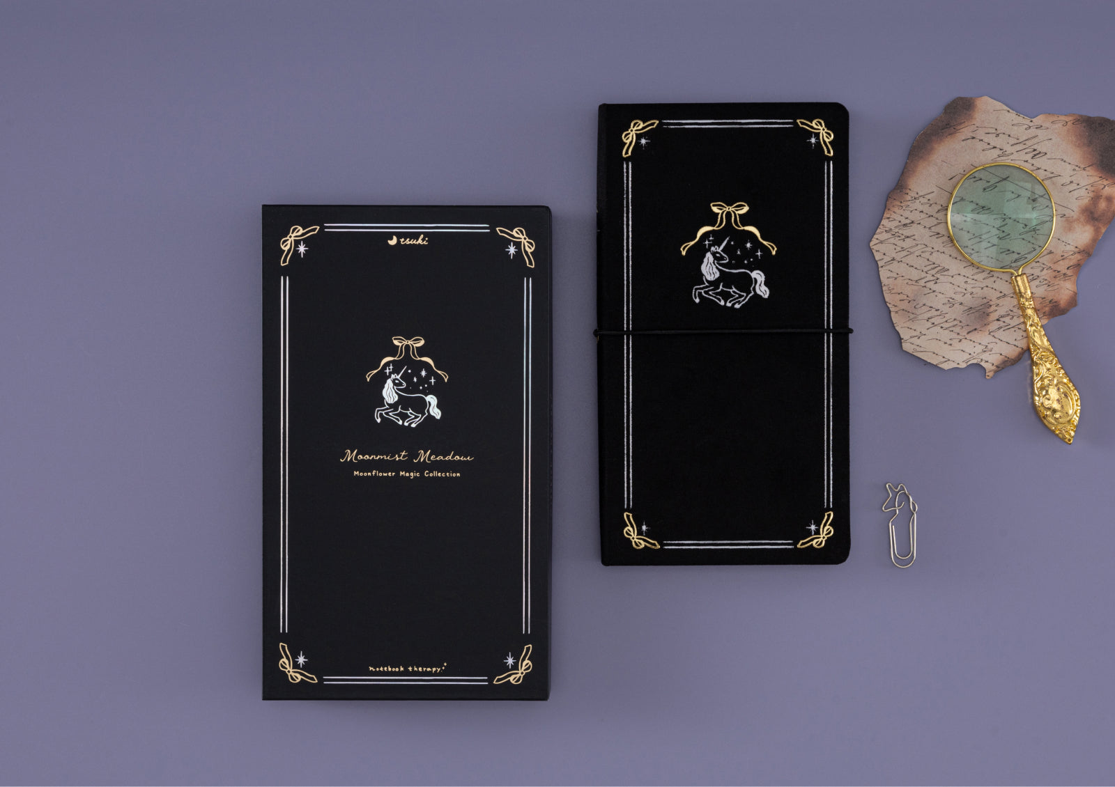 Front cover of the Tsuki Moonflower Magic Moonmist Meadow Travel Notebook with celestial foiling and meadow-inspired illustration.