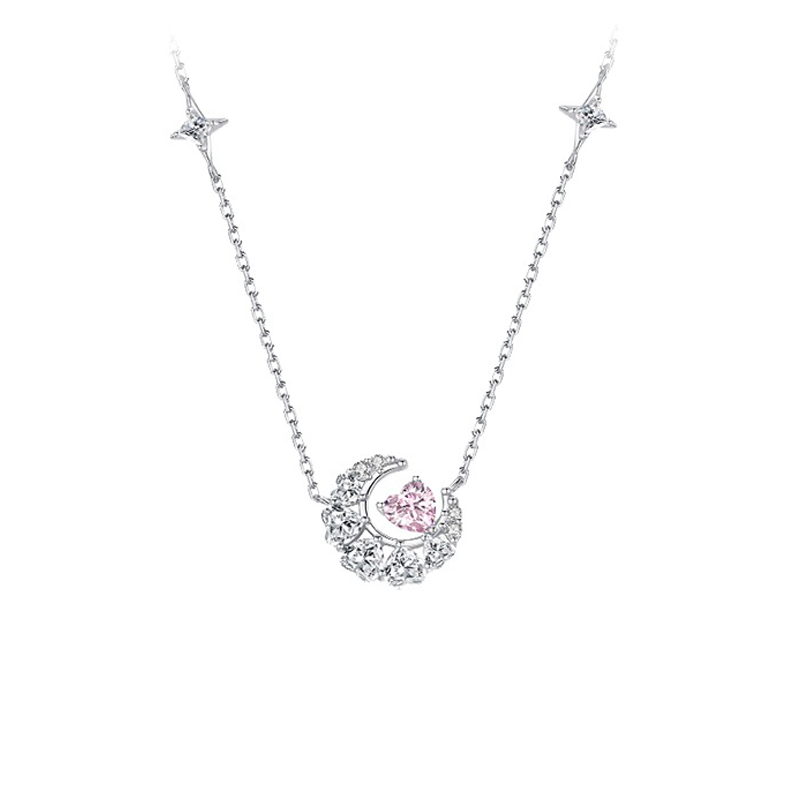 Dainty Starry Moon 925/999 Silver Necklace - Pink Heart Crescent Pendant-mysite-KissLila