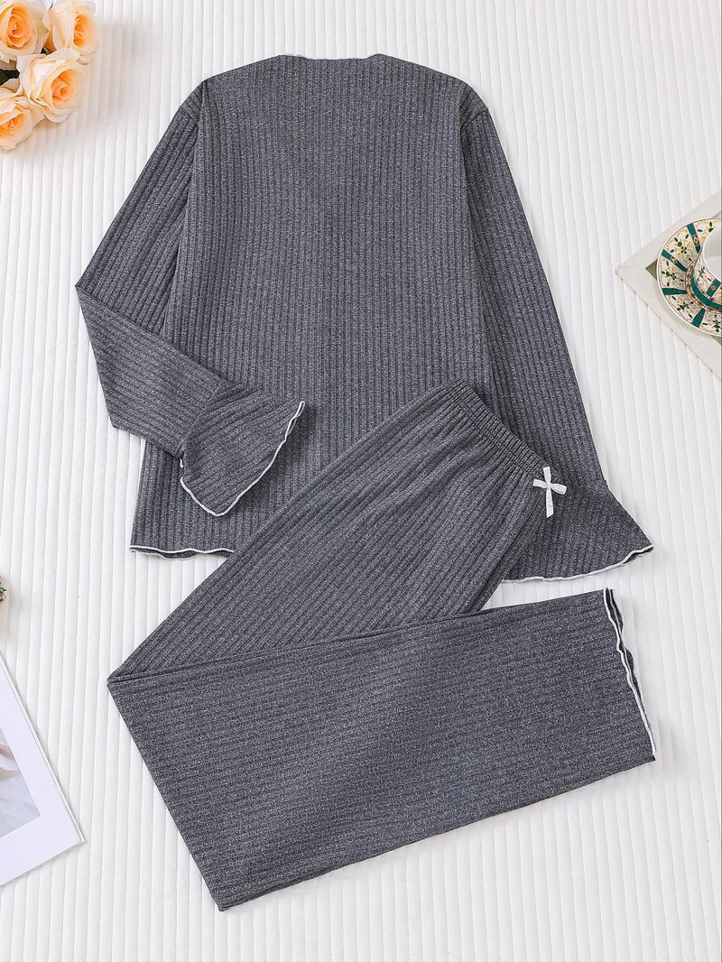 Women's Long Sleeve Top & Pants Pajama Set, Casual Comfy Bow Top & Trousers Pajama Set, Ladies Sleepwear for All Seasons