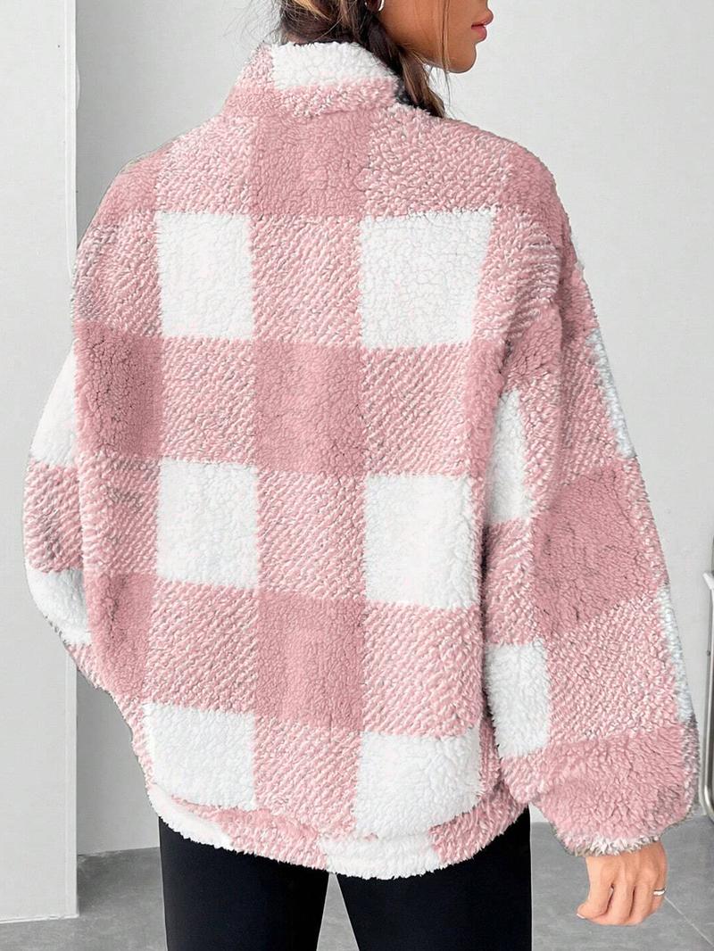 Women's Plaid Print Half Zip Drop Shoulder�Fleece�Sweatshirt, Casual Long Sleeve Stand Collar Pullover for Spring & Fall, Ladies Clothes for Daily Wear