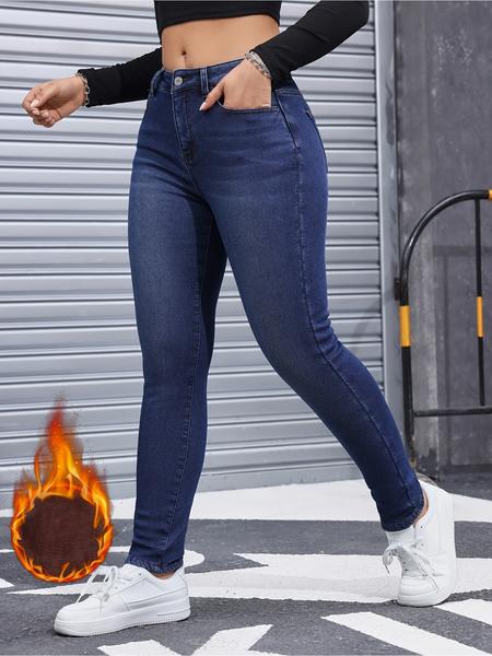 Women's Fall Winter Fleece Lined Denim Jeans, Elegant Woven Fabric, Thicken Warm Comfortable Pants, High Waist Slim Fit Design