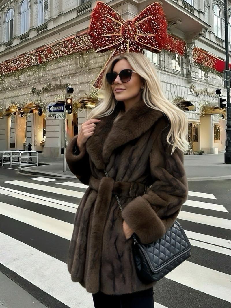 Women's Belted Faux Fur Coat, Winter Fashion Long Sleeve Coat with Pocket, Casual Warm Outerwear, Stylish Daily Wear, Perfect for Cold Weather