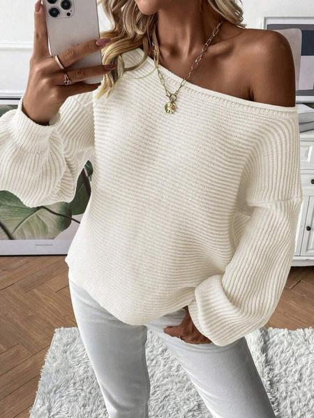 Women's Off-Shoulder Boat Neck Solid Color Long Sleeve Pullover Sweater, Autumn/Winter Ribbed Knit Casual Loose Fit Cute Fashion Cozy Soft Lightweight Sweater Top, Fall Outfit for Women, Winter Sweater Women
