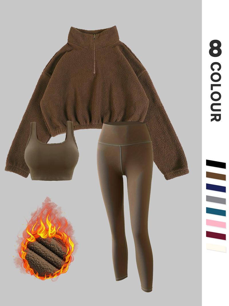 Women's Solid Thermal Lined Tracksuit Set, Sporty Casual Comfy Breathable Three-piece Outfits for Gym Workout Running, Valentine's Day Gift for Girl