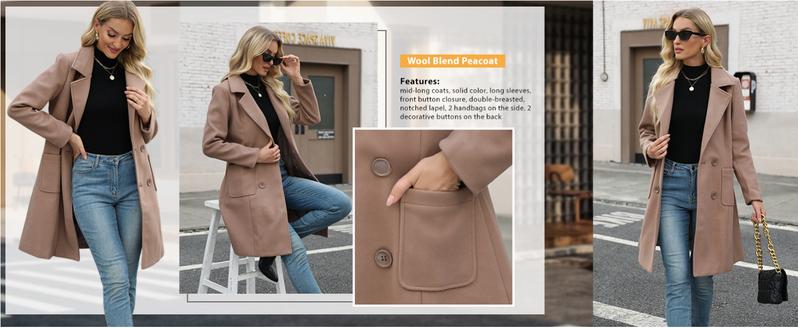 SCUSTY TikTokShopBlackFriday Women Winter Wool Blend Camel Mid-Long Coat Notch Double-Breasted Lapel Jacket Outwear