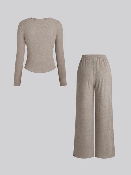 Women's Fall Winter Casual Slim-Fit Long Sleeve Round Neck Top & Pants Set, Plain Pattern Moderate Fabric, Two-Piece