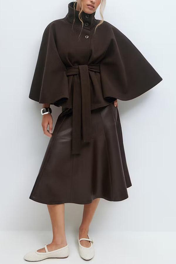 Women's Plain Front Buckle Belted Woolen Cape Coat, Casual Fall & Winter Outerwear, Stylish Daily Wear for Dating