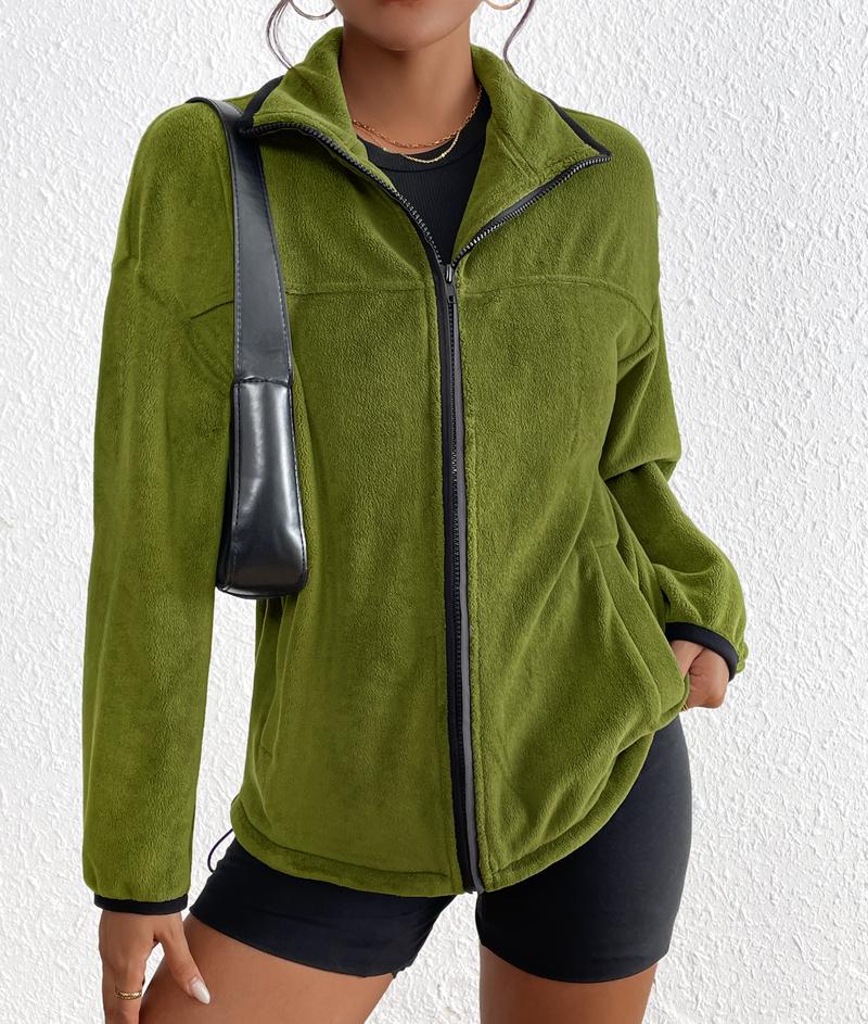 BTFBM Women's Zip Up Baggy Basic Fleece Jacket with Stand Collar and Pockets for Fall and Winter - Womenswear, Tops#Clearance