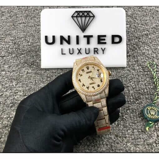 rolex datejust yellow gold arabic dial iced out 116300 replica 2