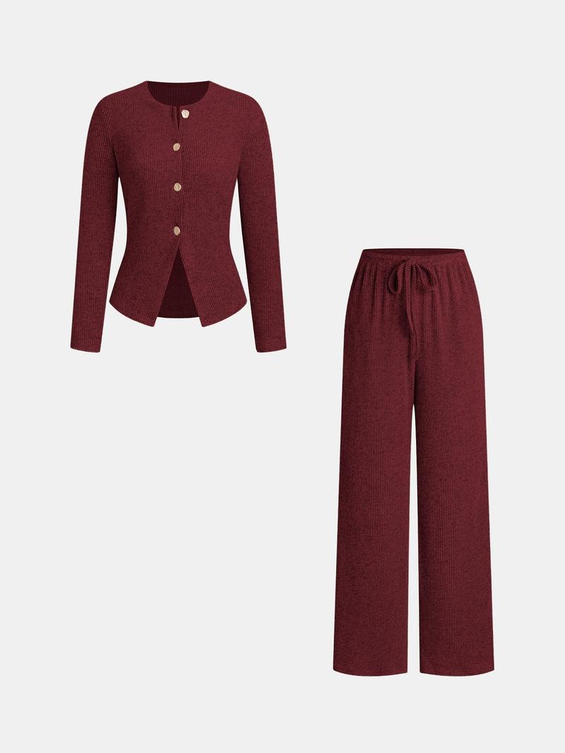 Women's Autumn Winter Set, Knitted Boat Neck Top with Buttons & Ribbed Long Pants, Casual Loose Fit for Ladies