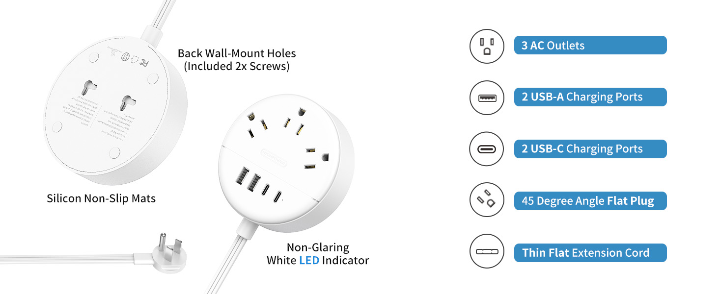 Extension Cord 15 ft Flat Plug Power Strip Outlets 4 USB Ports Outlet Extender Long Cord