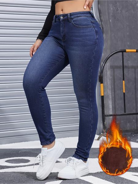 Women's Fall Winter Fleece Lined Denim Jeans, Elegant Woven Fabric, Thicken Warm Comfortable Pants, High Waist Slim Fit Design