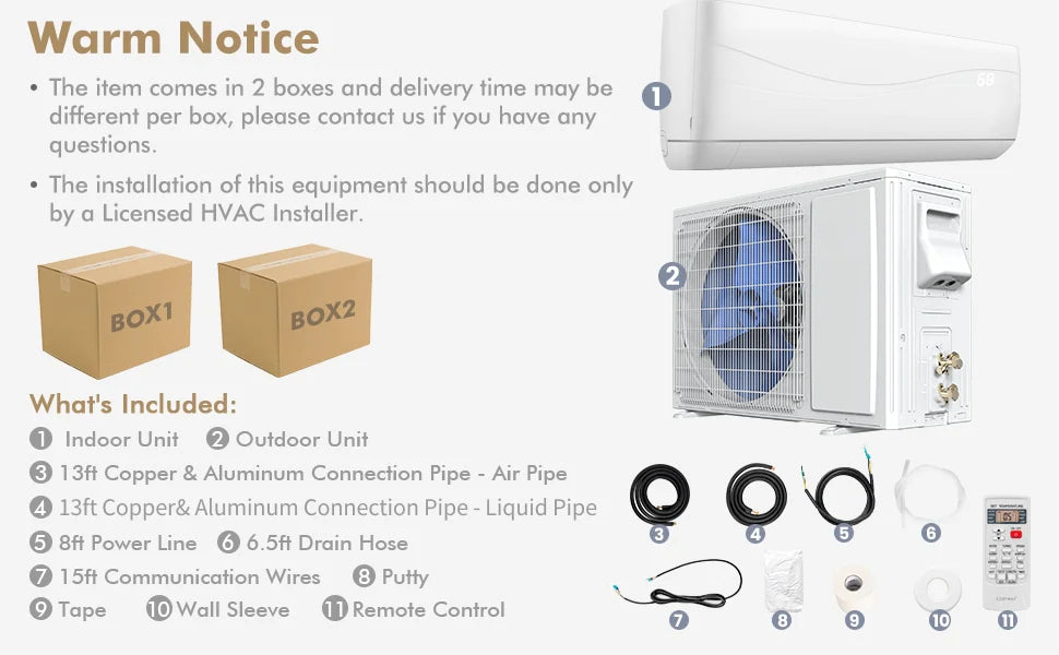 18000 BTU Mini Split Air Conditioner 19 SEER2 208-230V Wall-Mounted Ductless AC Unit with Heat Pump