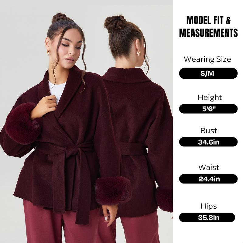 KatchMe Women's Elegant Solid Color Waist Tie Fuzzy Cuff Wrap Coat, Cozy Plush Long Sleeve Thermal Coat, Fall & Winter Outerwear Jacket