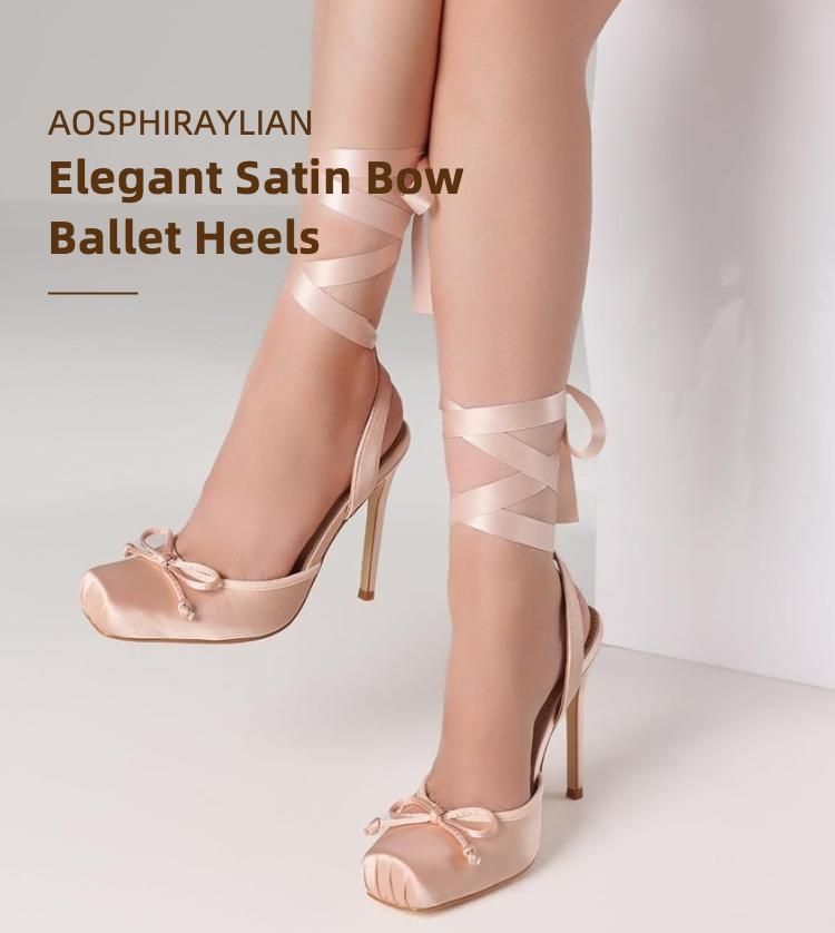 AOSPHIRAYLIAN Elegant Fashionable Ladies High Heeled Square Toe Ankle Strap Satin Bow Ballet Toe Cap Bottom Lace Up Slingback Pumps Strappy Sandals Stiletto Mary Janes Elegant Party Shoes