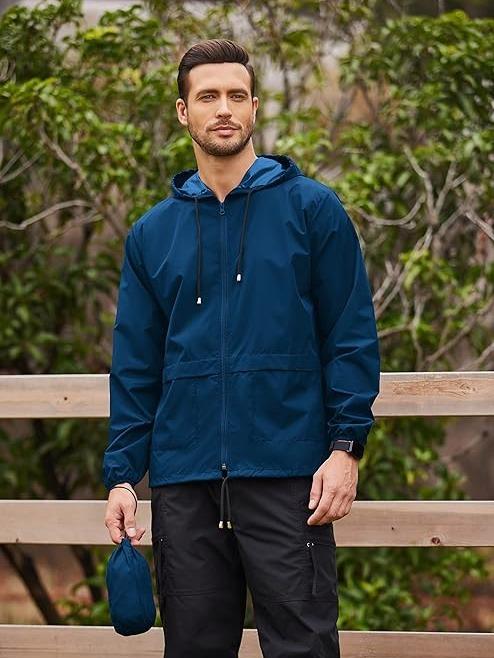 Men's Packable B Rain Jacket Outdoor Waterproof Hooded Lightweight Classic Cycling Raincoat - For Hiking/Outdoor/Camping Fabric Menswear Zipper Breathable Relaxed Fit Long Sleeve Tops