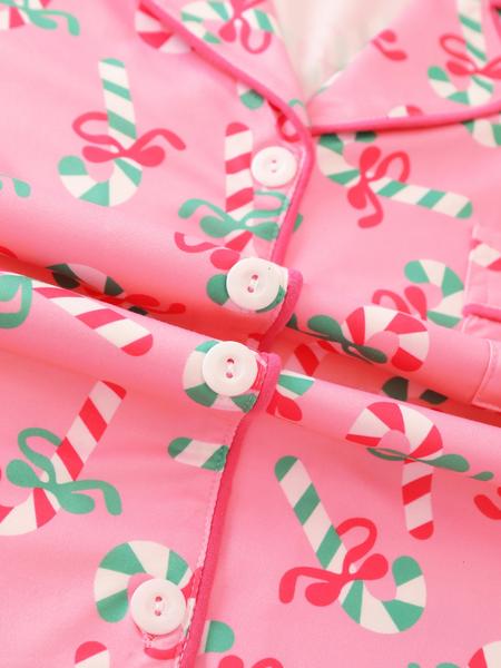 2 pieces of ladies' Christmas cane candy printed short sleeved shorts sleepwear set with buttons, collars, bows, suitable for comfortable and casual home wear in all seasons