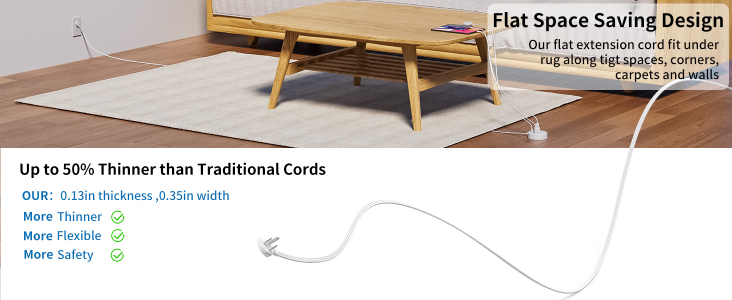 flat extension cord 15 ft multiple outlets usb ports extender power strip flat plug c under carpet