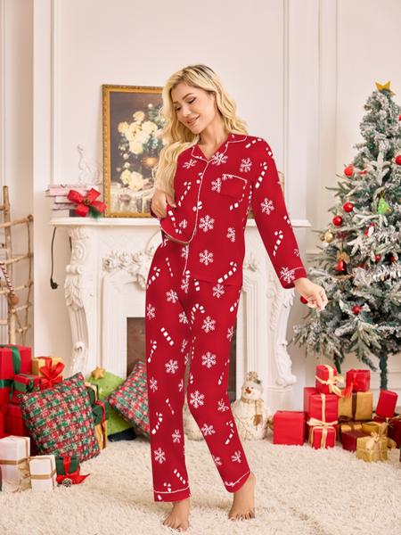 Women's Snowflake Cane Christmas Print Pajama Set, Long Sleeve Sleepwear, Comfortable Nightwear, All Seasons, Perfect Gift