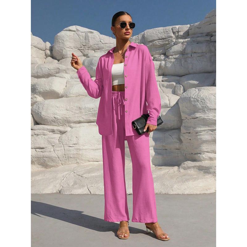 Women's Solid Button Front Shirt & Tie Front Wide Leg Pants Two-piece Set, Casual Drop Shoulder Long Sleeve Blouse Top & Trousers 2 Piece Set for Spring & Fall, Women's Clothes for Daily Wear Womenswear Suits Apricot Basic Minimalist